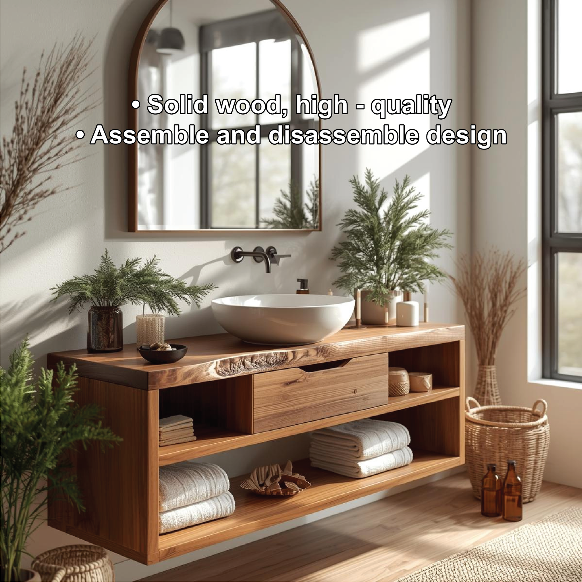 Handcrafted Solid Wood Floating Bathroom Vanity with Open Shelf Storage and Natural Live Edge Lynnsnail
