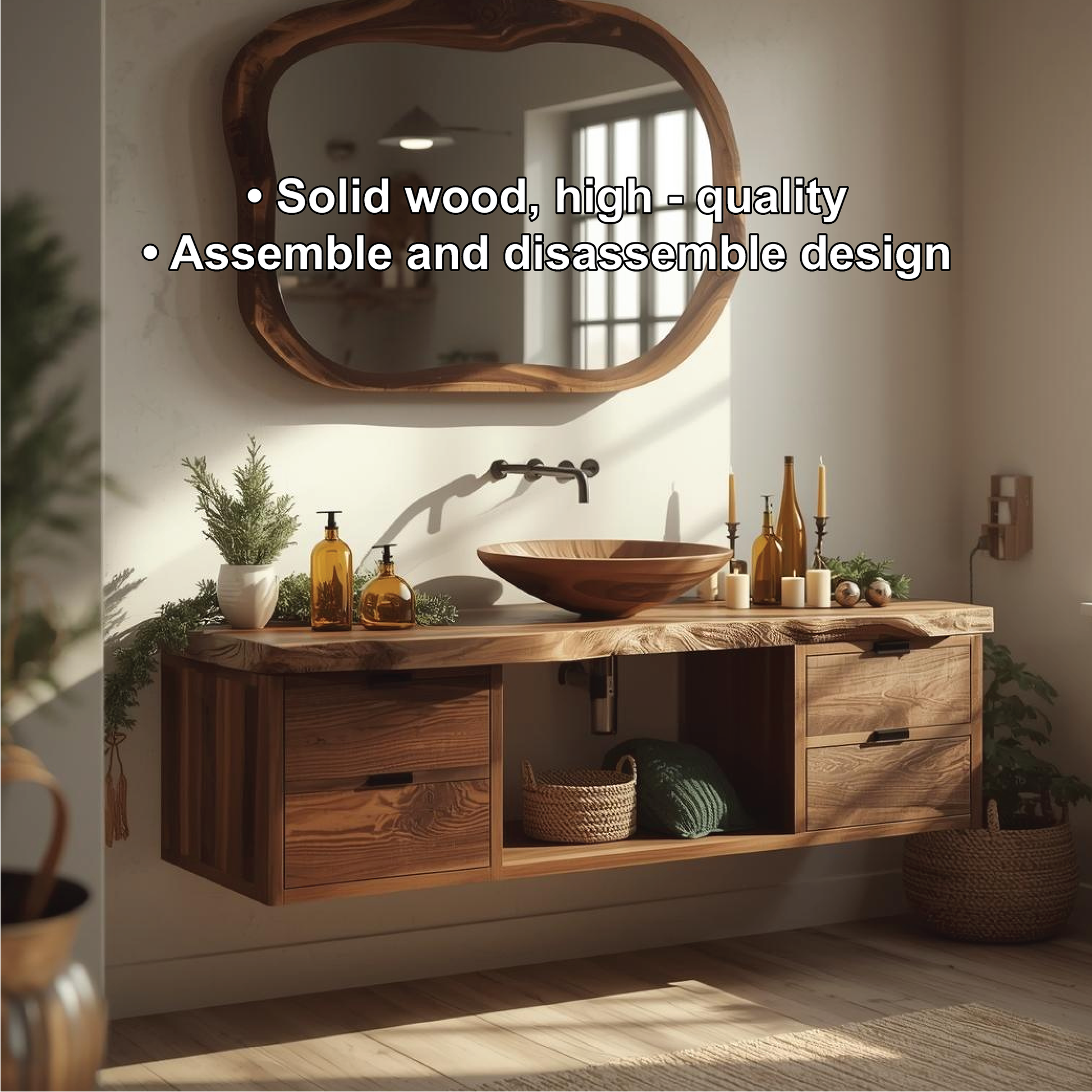 Handcrafted Solid Wood Floating Bathroom Vanity with Live Edge Countertop and Natural Mirror Lynnsnail