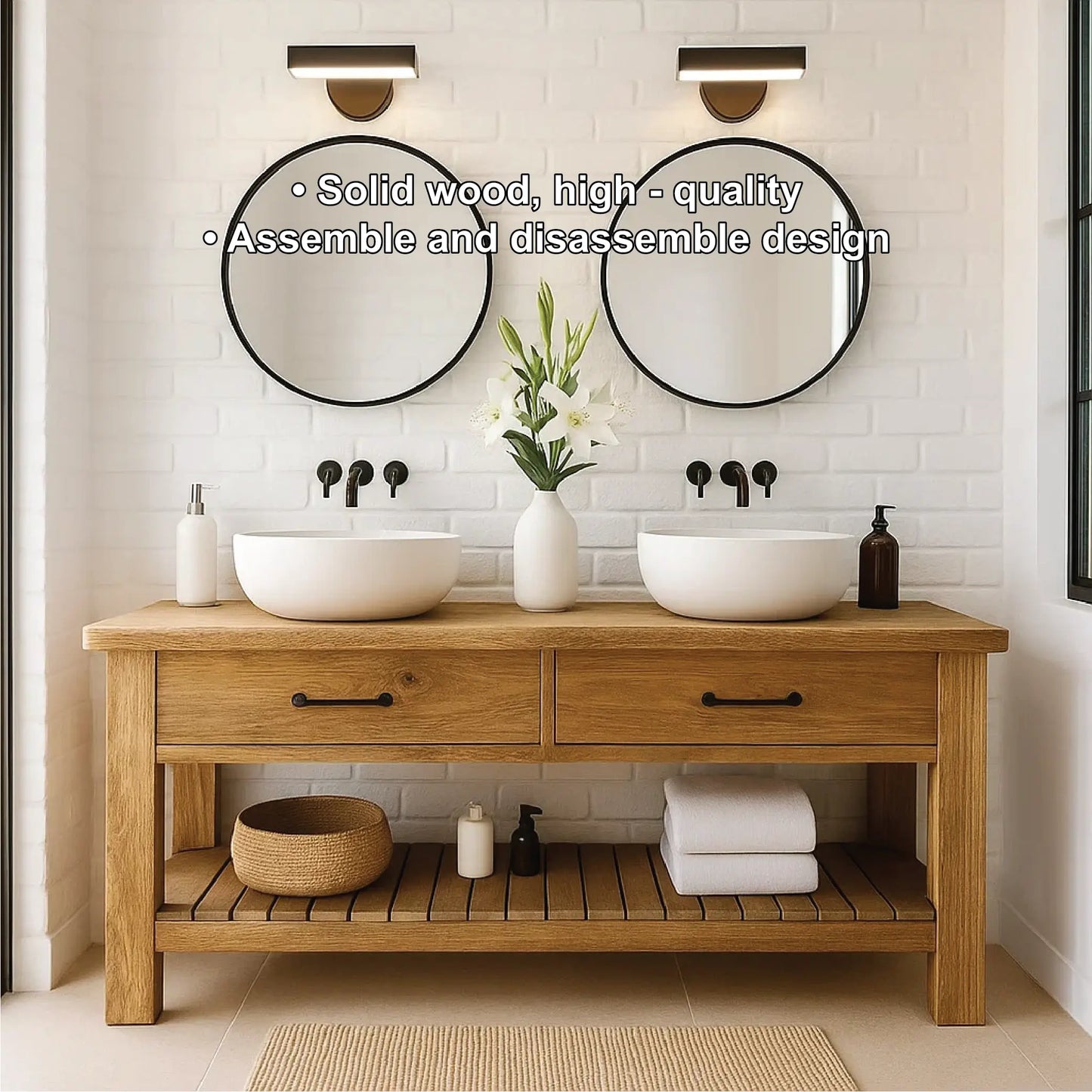 Handcrafted Double Solid Wood Bathroom Vanity with Drawers and Slatted Shelf for Modern Homes Lynnsnail
