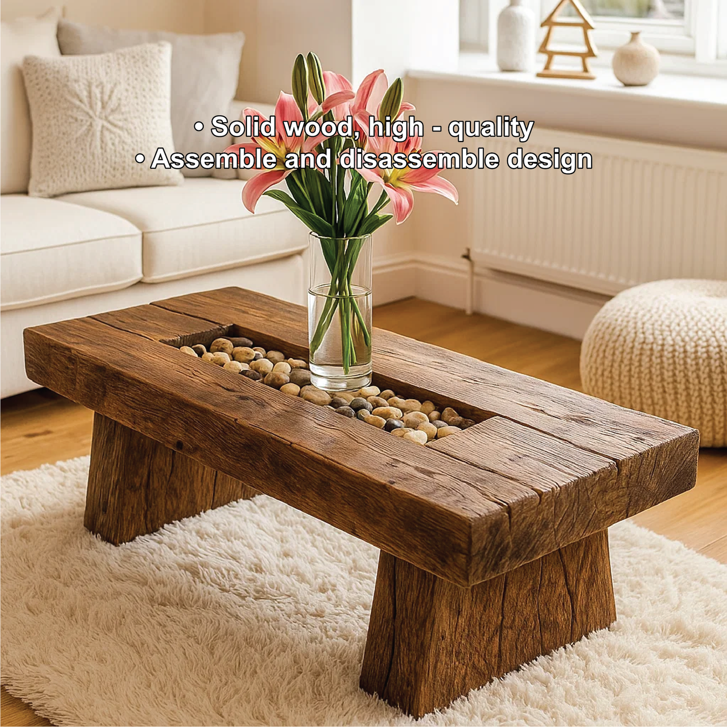 Handcrafted Solid Wood Coffee Table with Rustic Live Edge Design and Natural Stone Centerpiece Lynnsnail