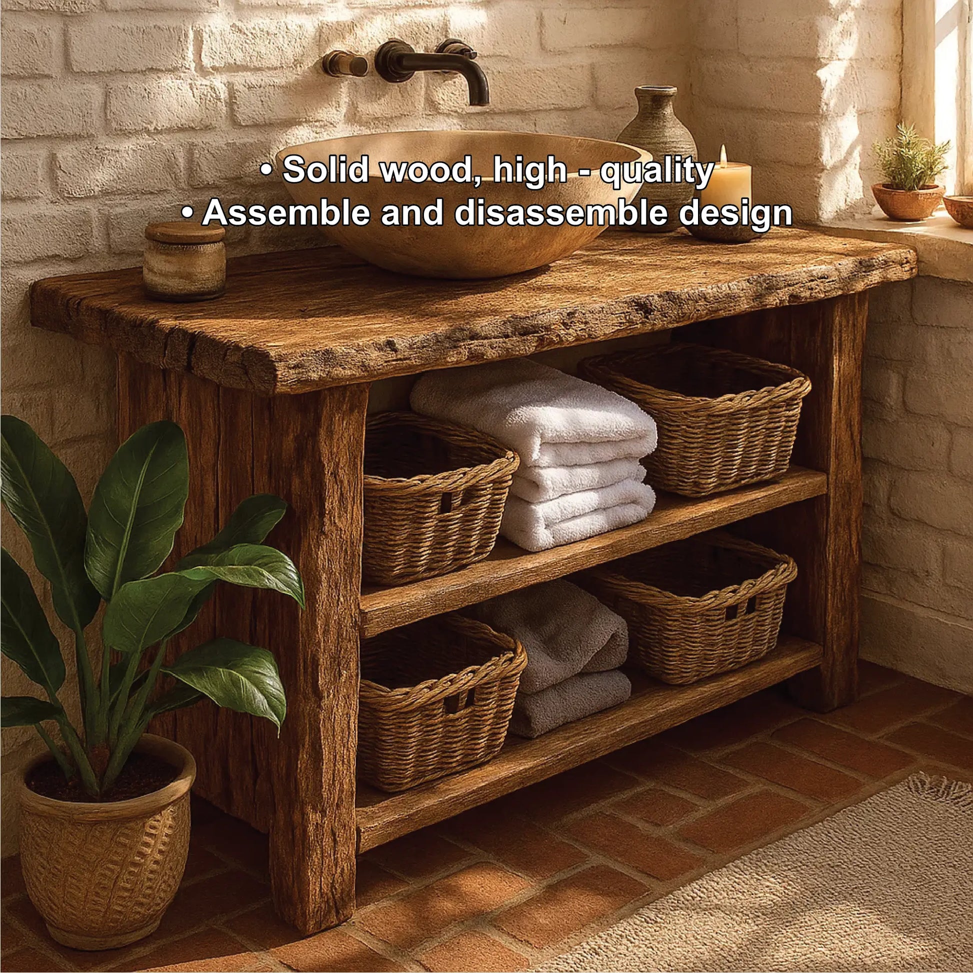 Rustic Handcrafted Solid Wood Bathroom Vanity with Open Shelves and Natural Live Edge Design Lynnsnail