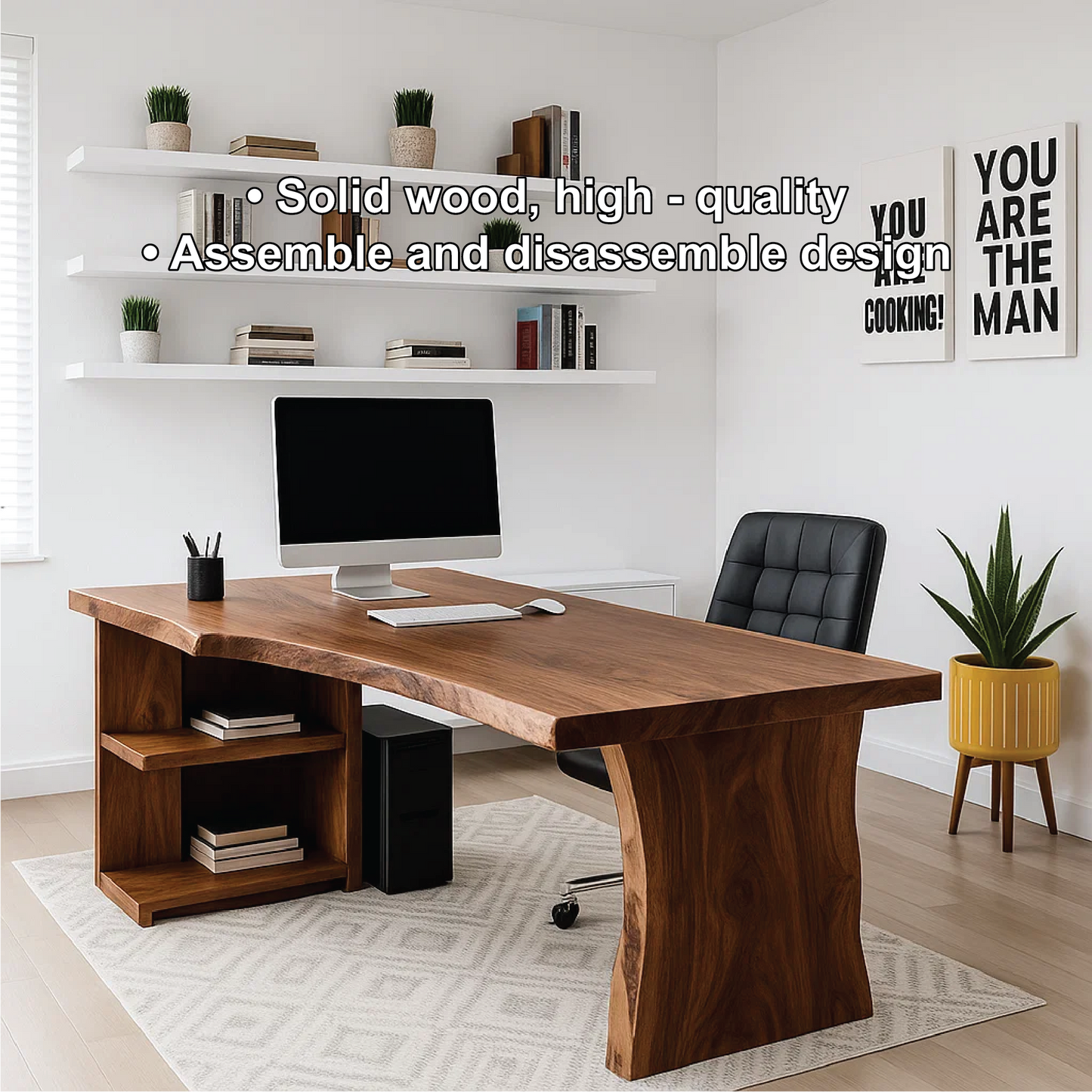 Handcrafted Solid Wood Office Desk – Live Edge Executive Work Table with Organic Curved Base Design