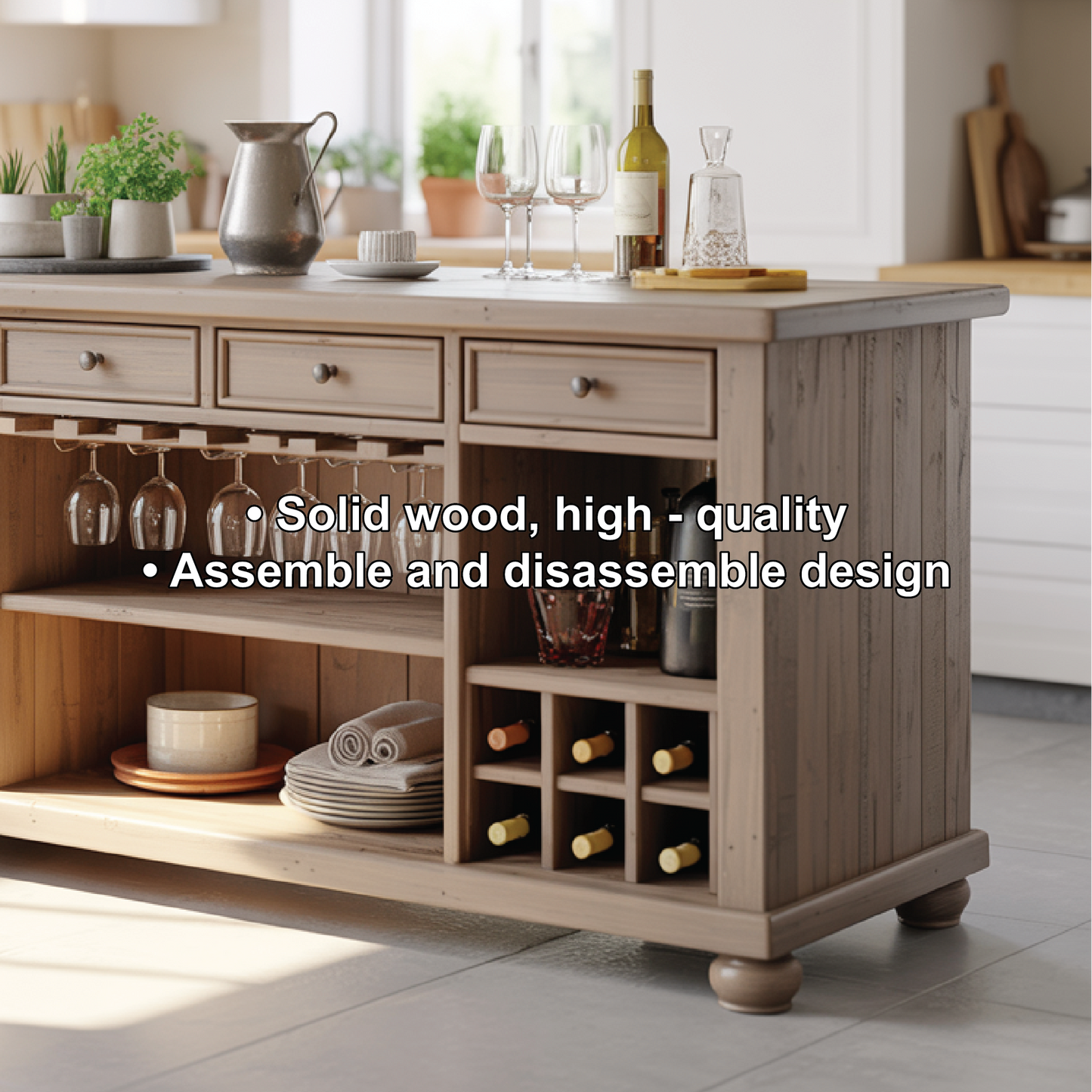 Handcrafted Solid Wood Kitchen Island with Wine Storage, Drawers, and Open Shelving Lynnsnail