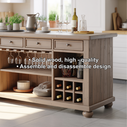 Handcrafted Solid Wood Kitchen Island with Wine Storage, Drawers, and Open Shelving Lynnsnail