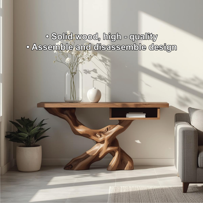 Handcrafted Solid Wood Console Table with Organic Tree-Root Base and Floating Shelf Design Lynnsnail