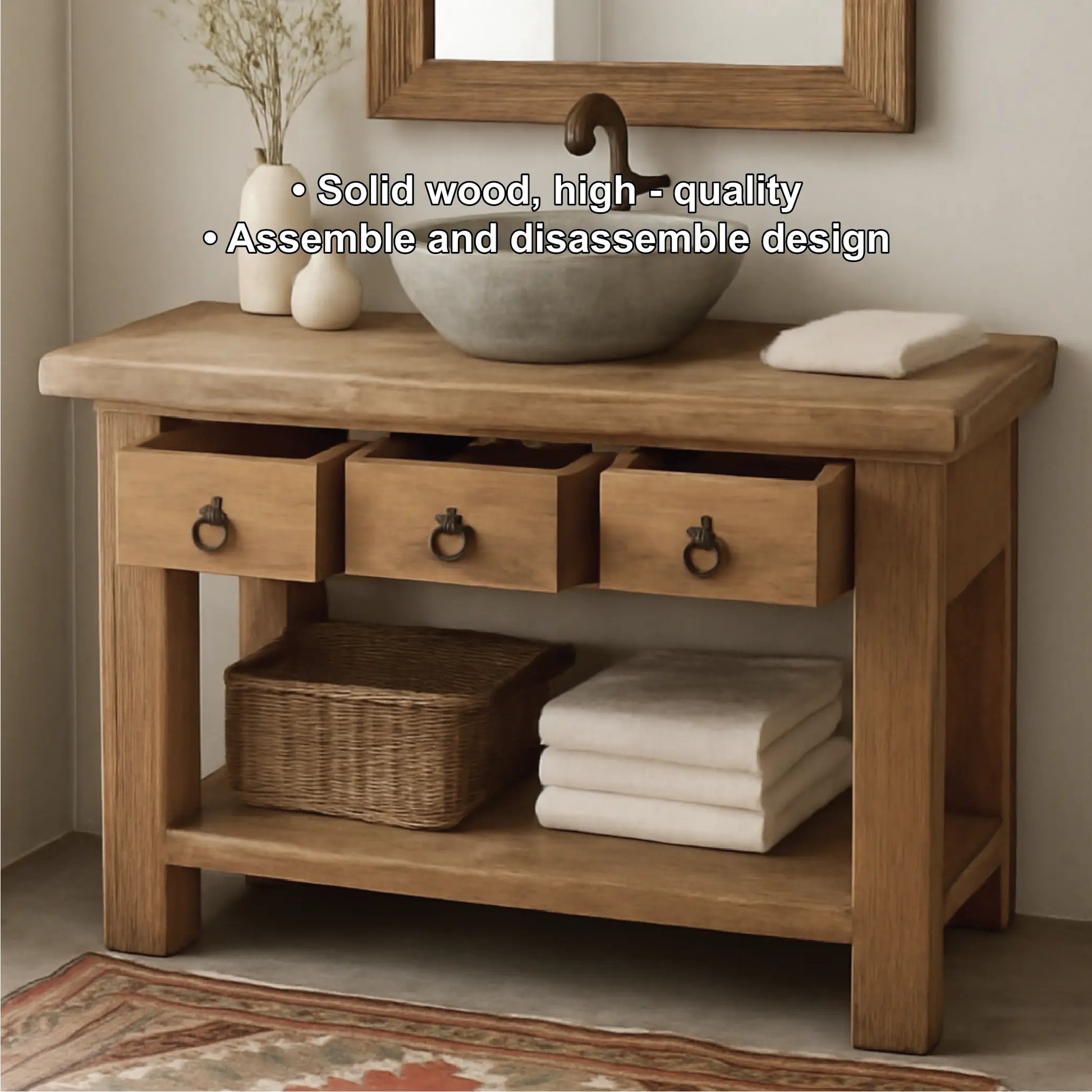 Handcrafted Solid Wood Bathroom Vanity with Rustic Drawers and Open Shelf for Natural Interiors Lynnsnail