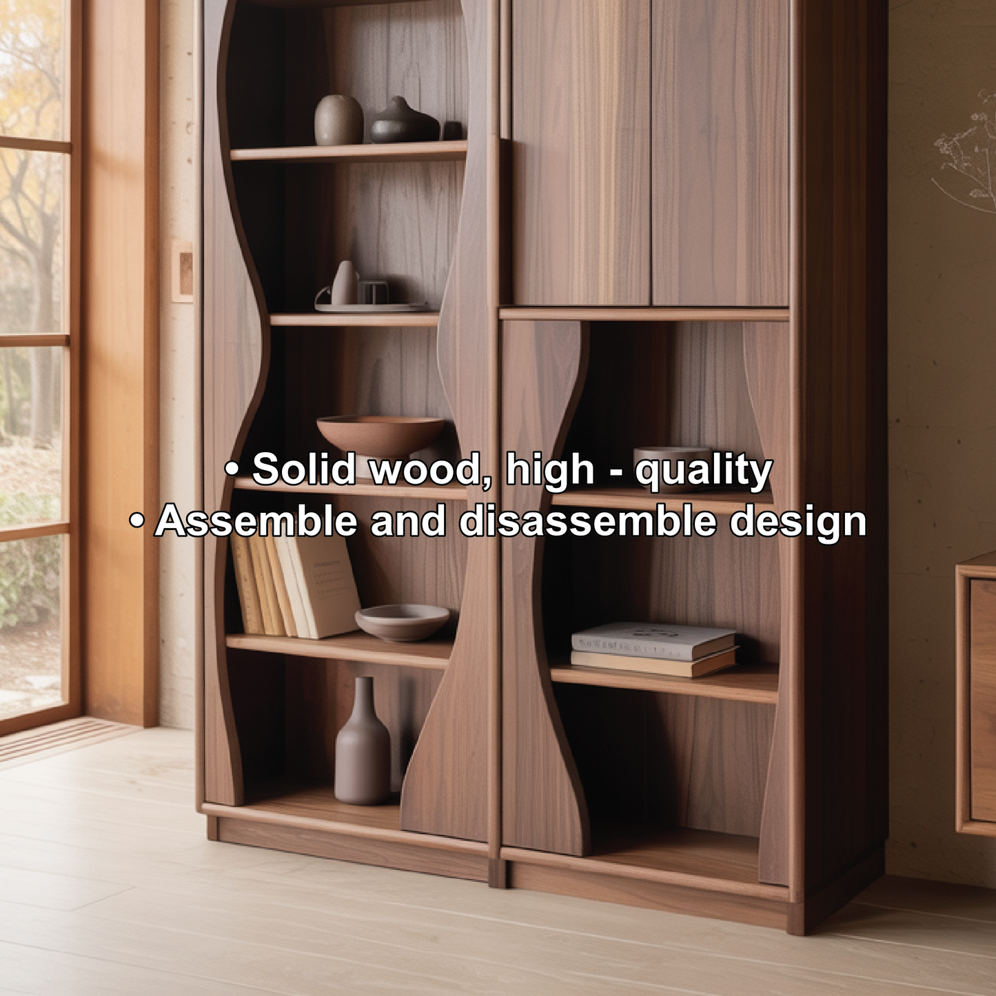 Handcrafted Solid Wood Dining Cabinet with Sculpted Curved Panels and Open Display Shelves Lynnsnail