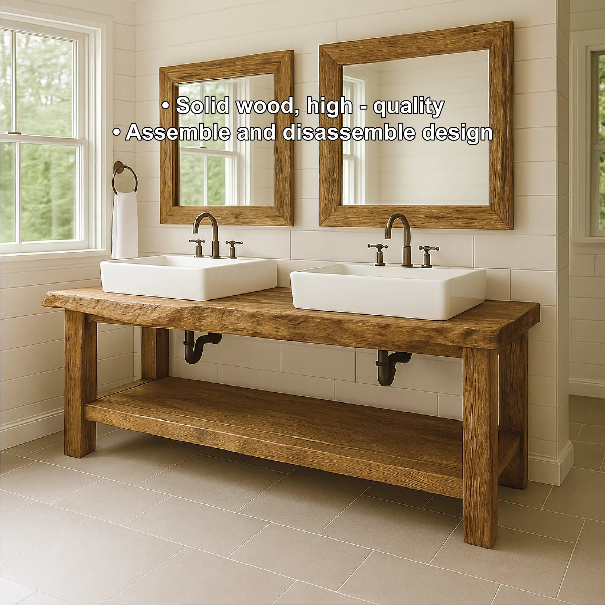 Handcrafted Double Sink Solid Wood Bathroom Vanity with Natural Finish for Modern Rustic Spaces Lynnsnail