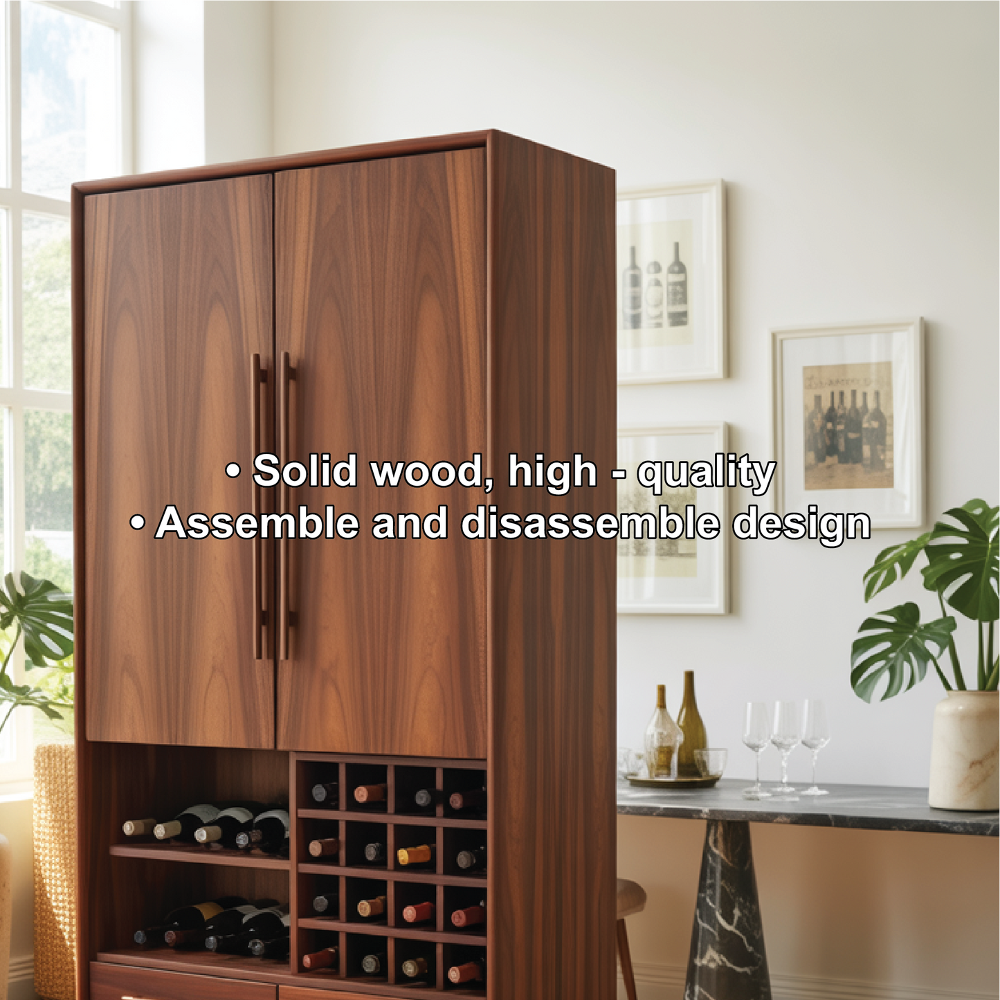Handcrafted Solid Wood Dining Cabinet with Wine Rack, Tall Double Doors and Storage Drawers Lynnsnail
