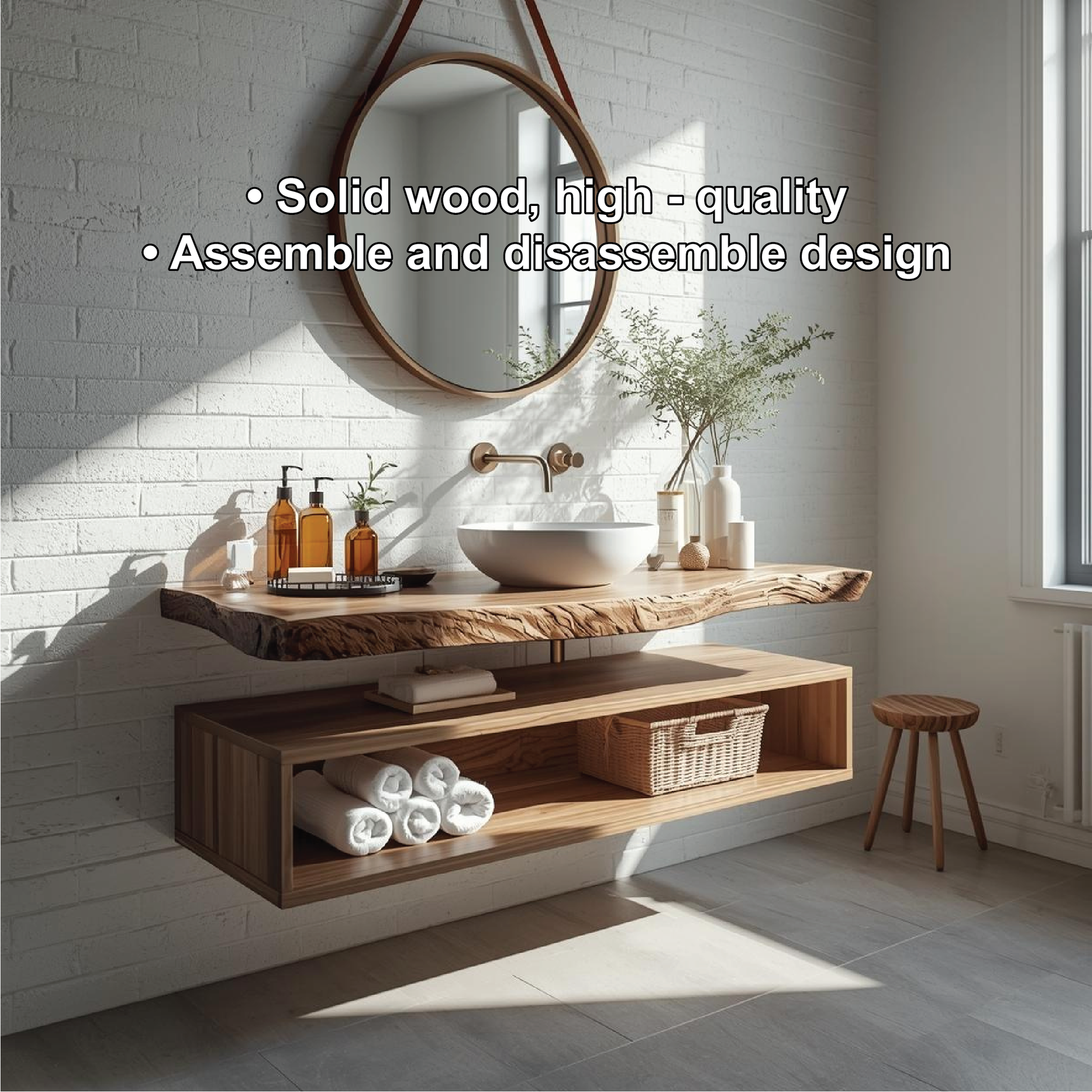 Handcrafted Solid Wood Floating Vanity with Natural Live Edge Top and Modern Minimalist Style Lynnsnail