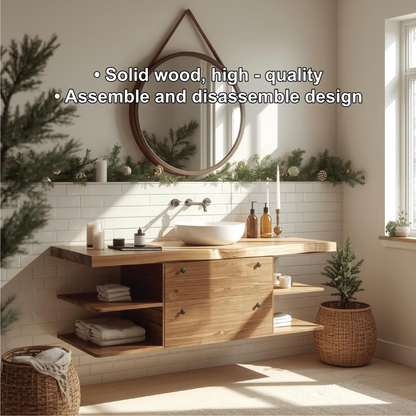 Handcrafted Solid Wood Floating Bathroom Vanity with Shelf Storage and Natural Modern Design Lynnsnail