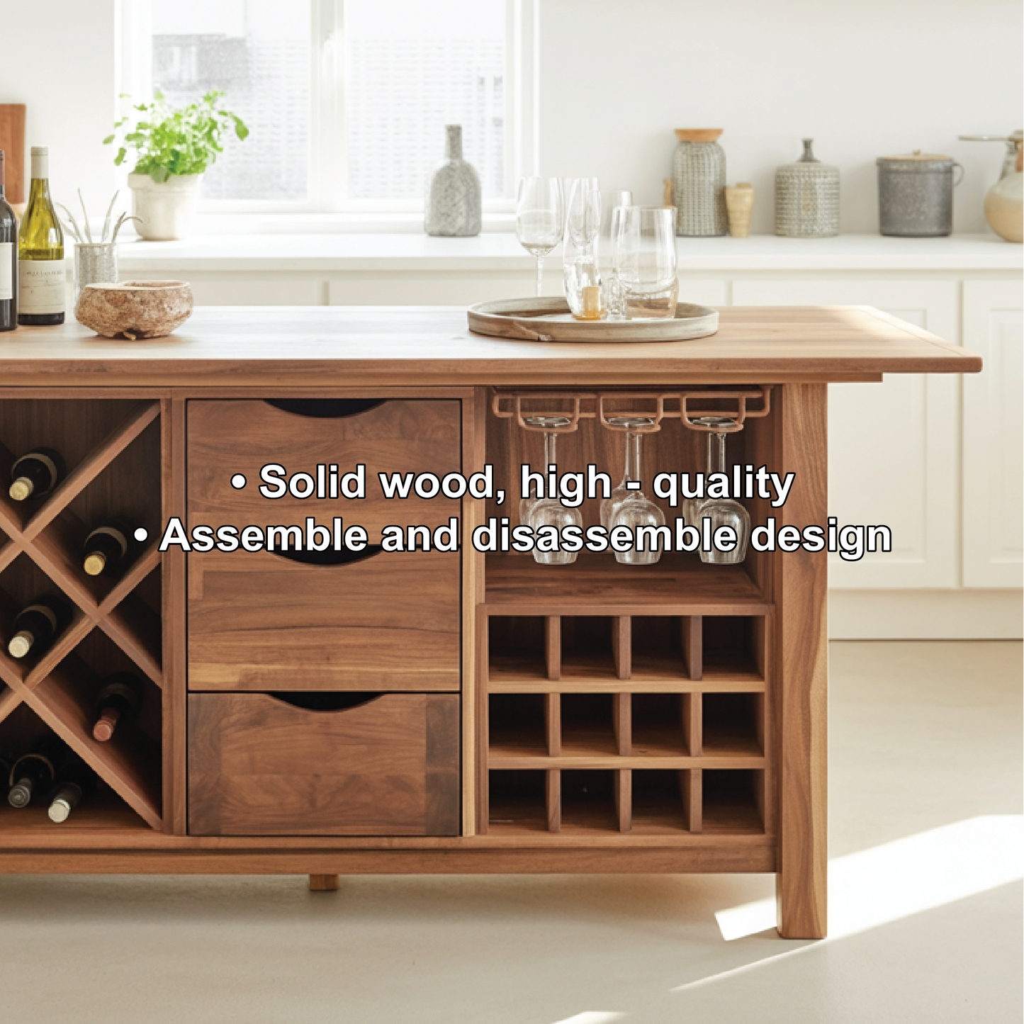 Handcrafted Solid Wood Dining Cabinet with Wine Storage, Drawers, and Hanging Glass Rack Lynnsnail