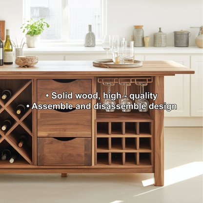 Handcrafted Solid Wood Dining Cabinet with Wine Storage, Drawers, and Hanging Glass Rack Lynnsnail