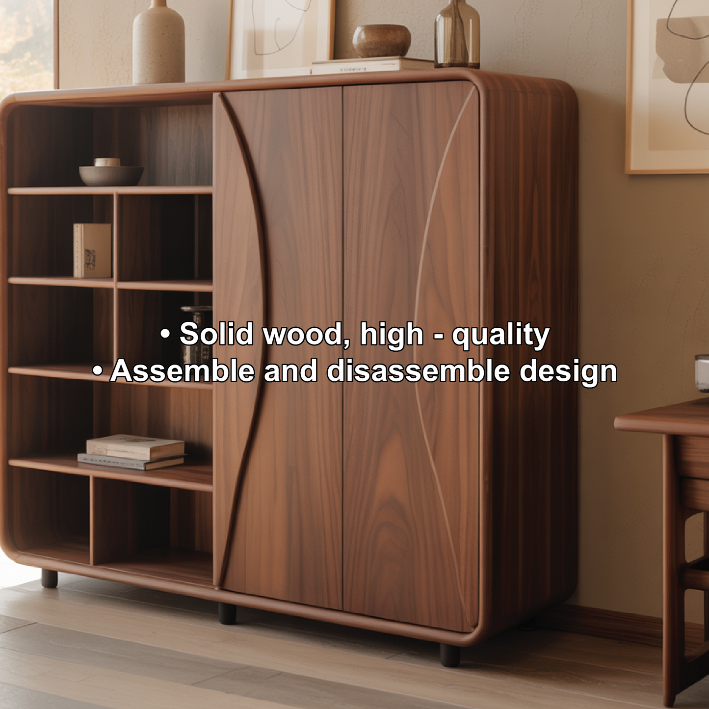 Handcrafted Solid Wood Dining Cabinet with Open Shelves and Curved Door Design for Modern Homes Lynnsnail