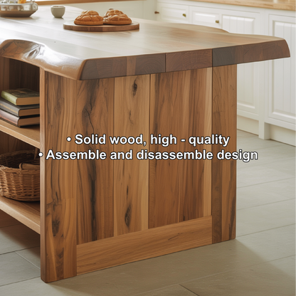 Handcrafted Solid Wood Kitchen Island with Live-Edge Top and Open Storage Shelves Lynnsnail