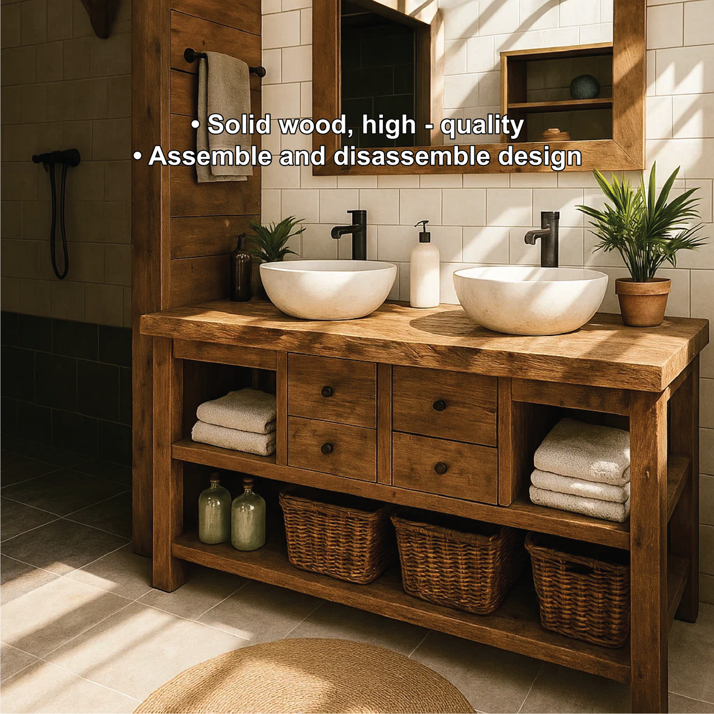 Rustic Double Sink Solid Wood Bathroom Vanity with Drawers and Open Storage Handmade Design Lynnsnail