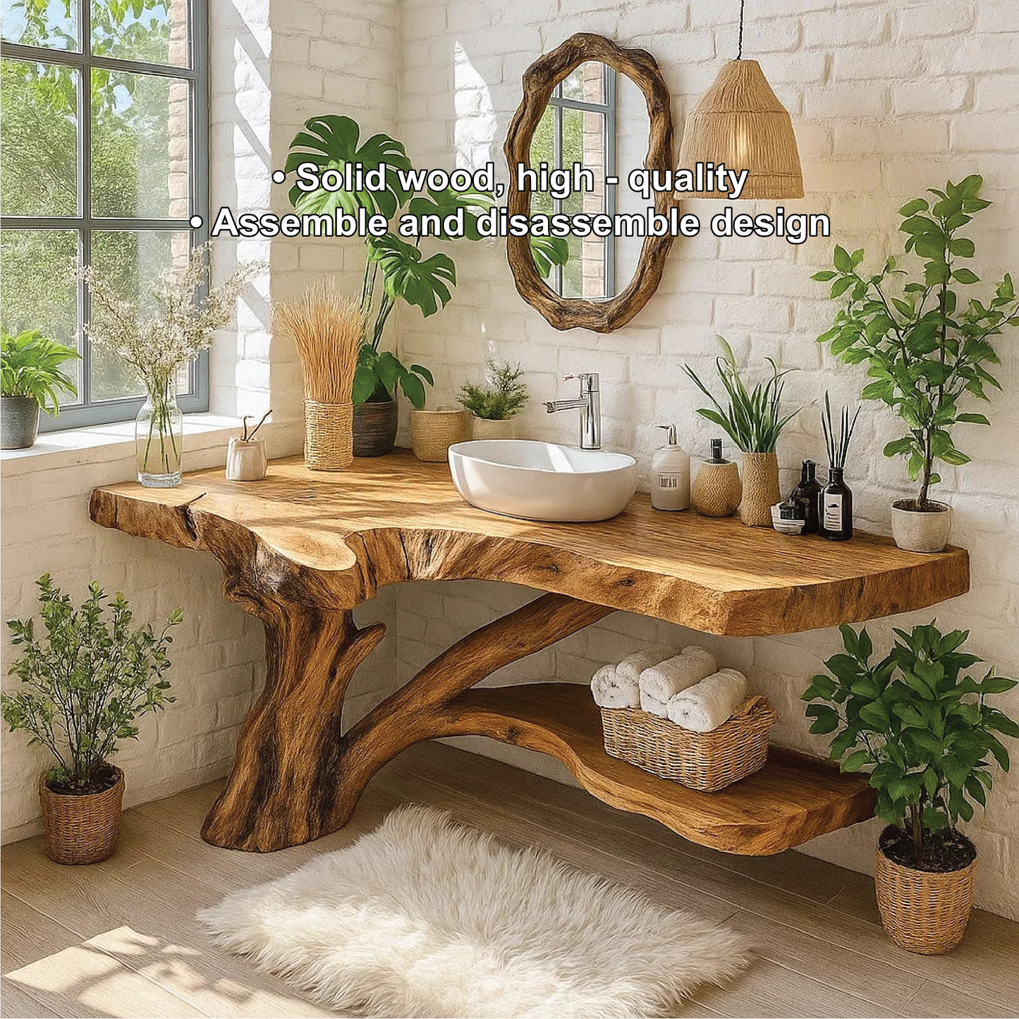 Handcrafted Solid Wood Bathroom Vanity with Natural Tree Trunk Base and Live Edge Design Lynnsnail