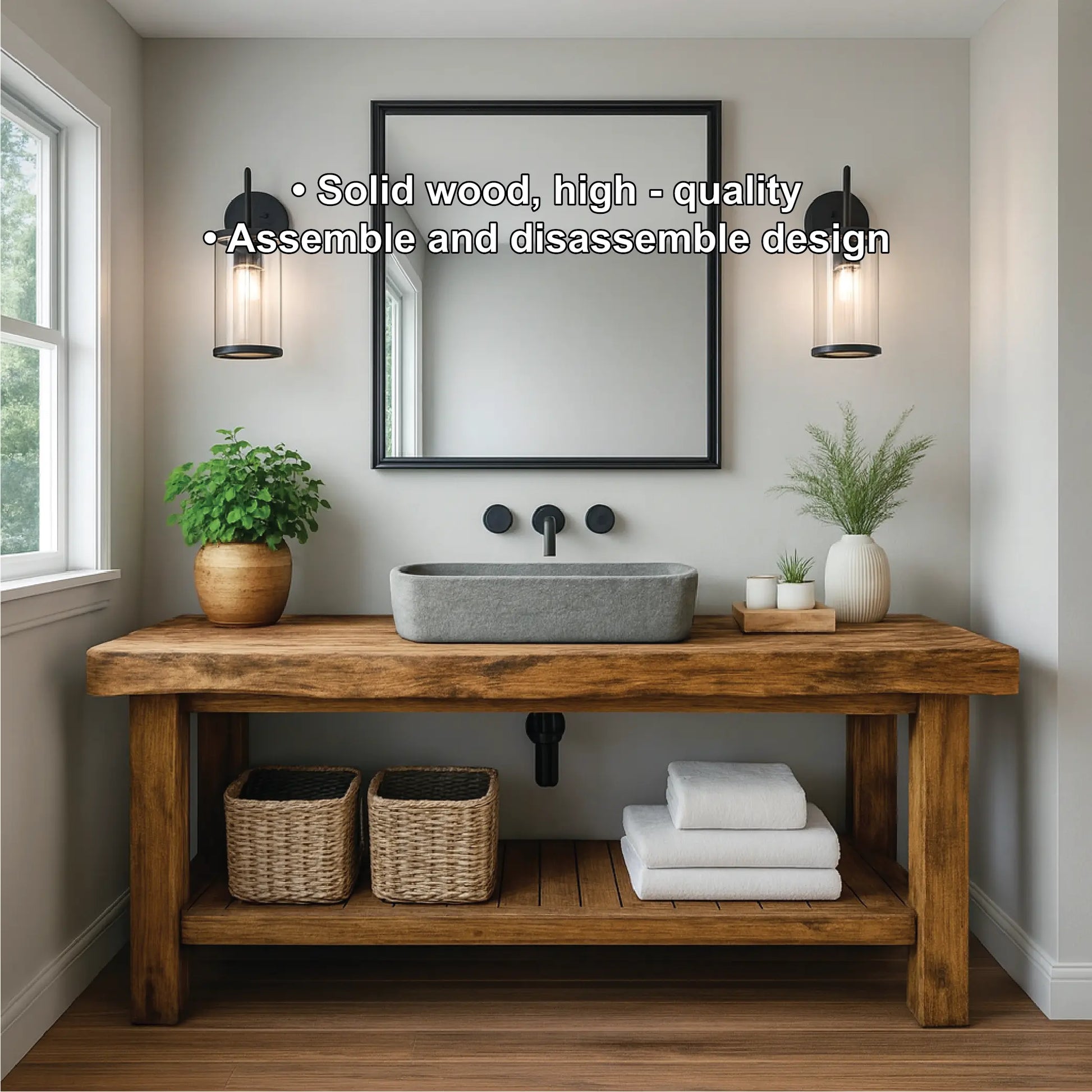 Rustic Solid Wood Bathroom Vanity with Slatted Shelf and Natural Finish for Handcrafted Interiors Lynnsnail