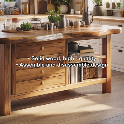 Handcrafted Solid Wood Kitchen Island with Drawers, Open Shelves, and Natural Live-Edge Top Lynnsnail