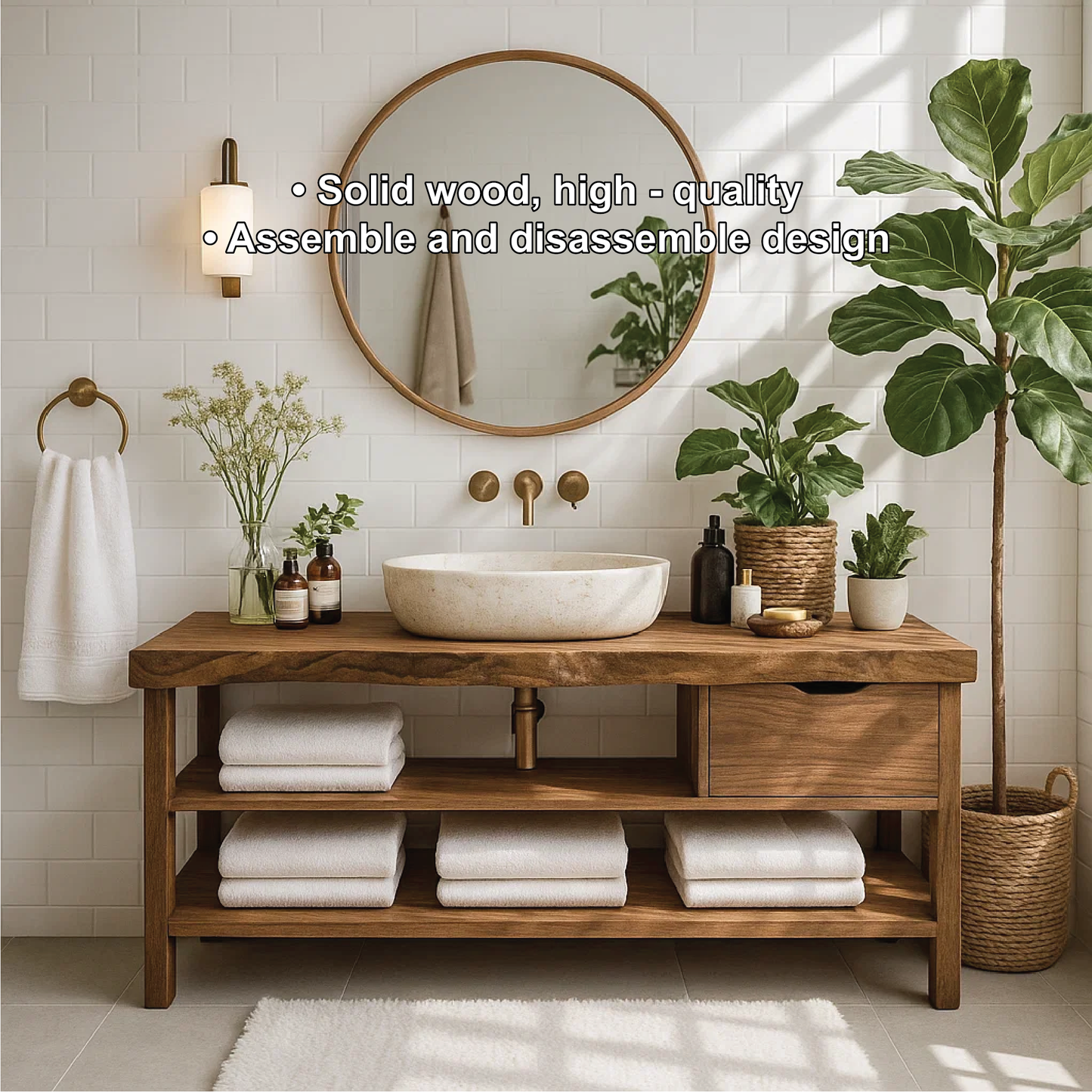 Handcrafted Solid Wood Bathroom Vanity with Open Shelf Storage and Natural Rustic Finish Lynnsnail