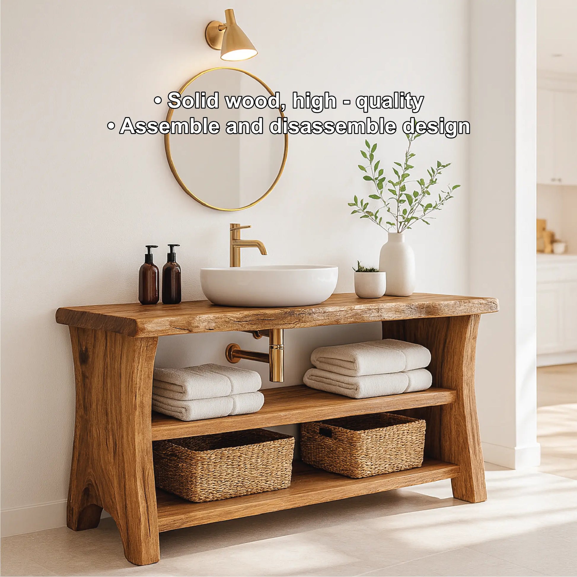 Handcrafted Solid Wood Bathroom Vanity with Live Edge Design and Open Shelf Bathroom Storage Lynnsnail