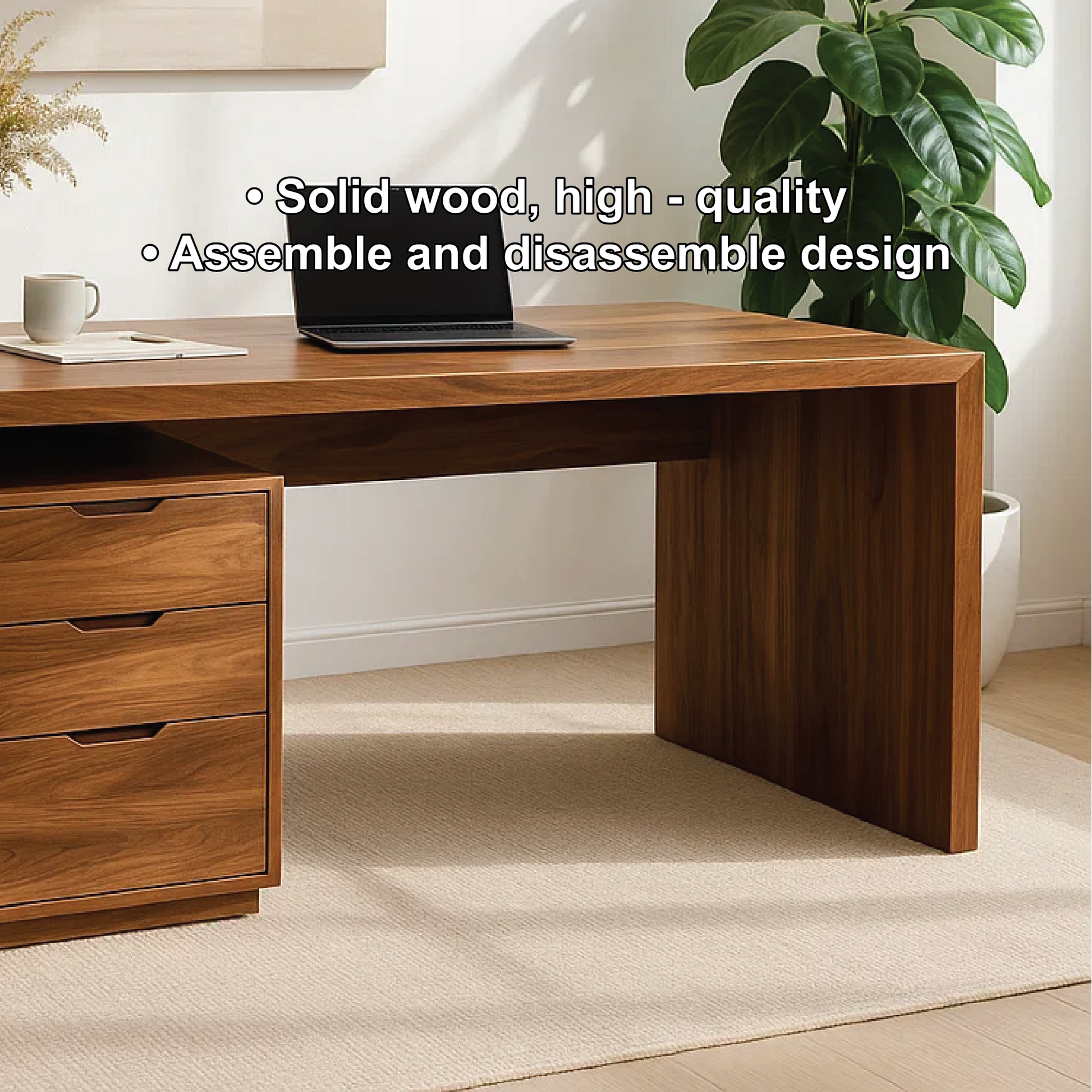 Handcrafted Solid Wood Work Desk – Minimalist Executive Office Table with 3-Drawer Storage Lynnsnail