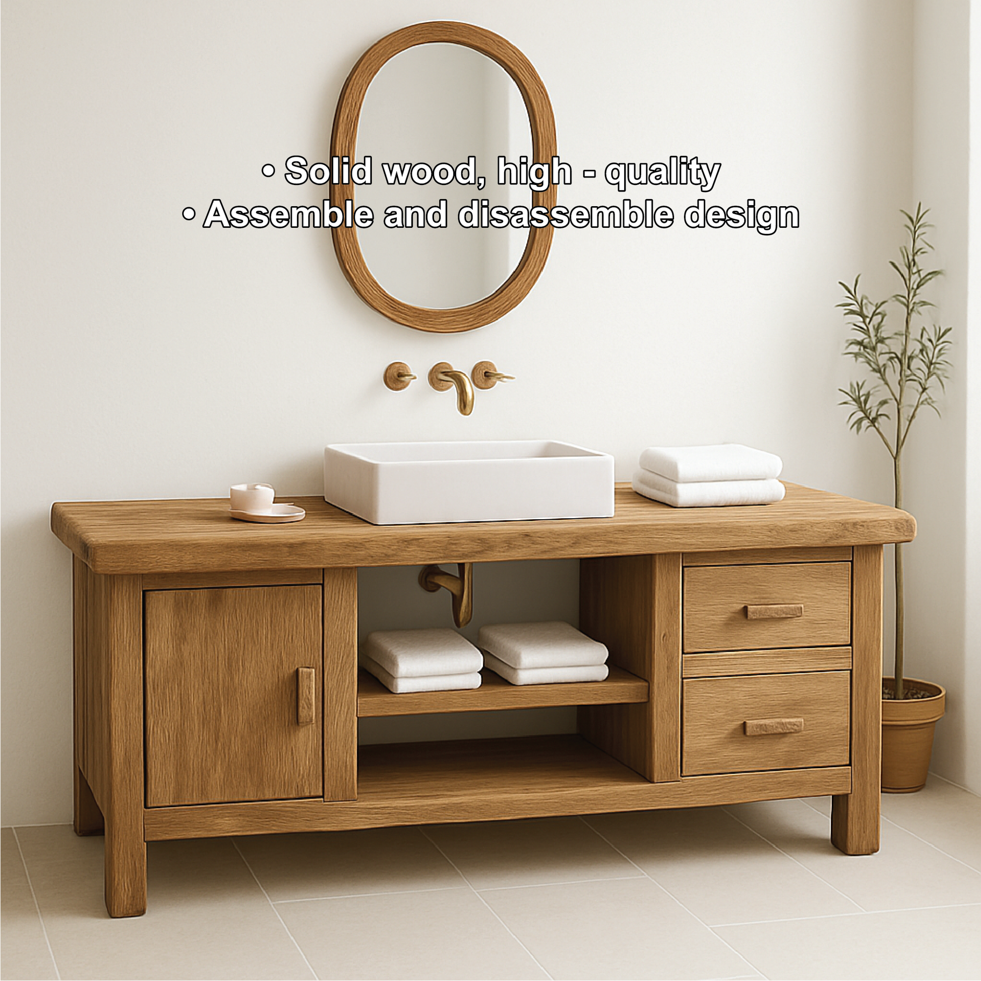 Handcrafted Solid Wood Bathroom Vanity with Drawers and Cabinet in Minimalist Natural Finish Lynnsnail
