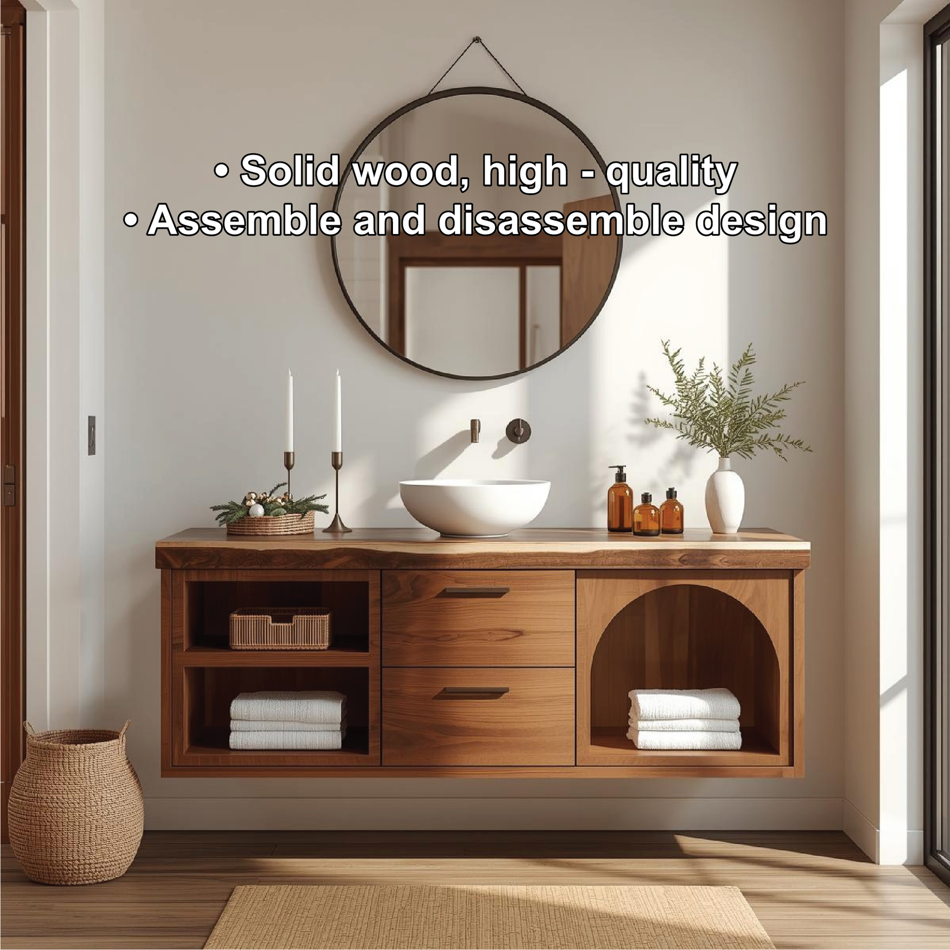 Handcrafted Solid Wood Floating Vanity with Arched Shelves and Contemporary Natural Finish Lynnsnail