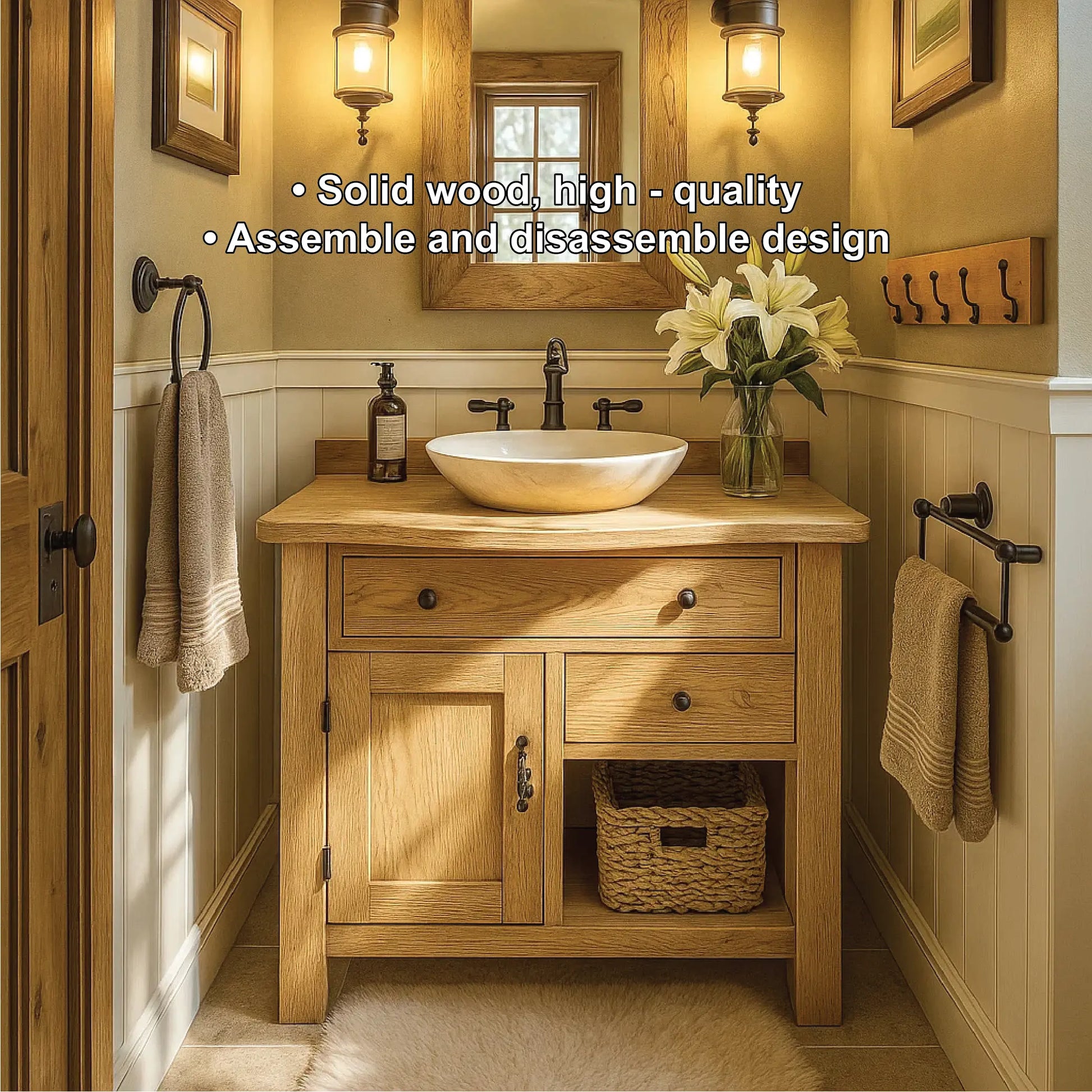 Handcrafted Solid Wood Bathroom Vanity with Drawer and Cabinet Storage in Natural Wood Finish Lynnsnail