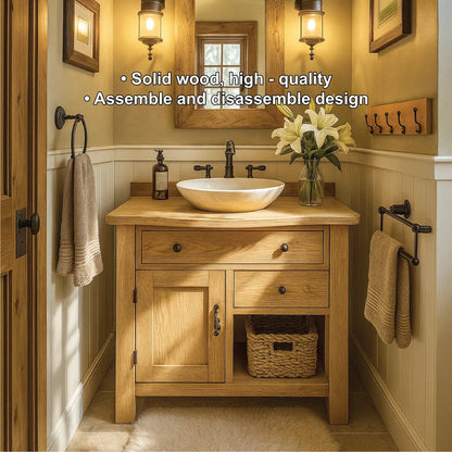Handcrafted Solid Wood Bathroom Vanity with Drawer and Cabinet Storage in Natural Wood Finish Lynnsnail
