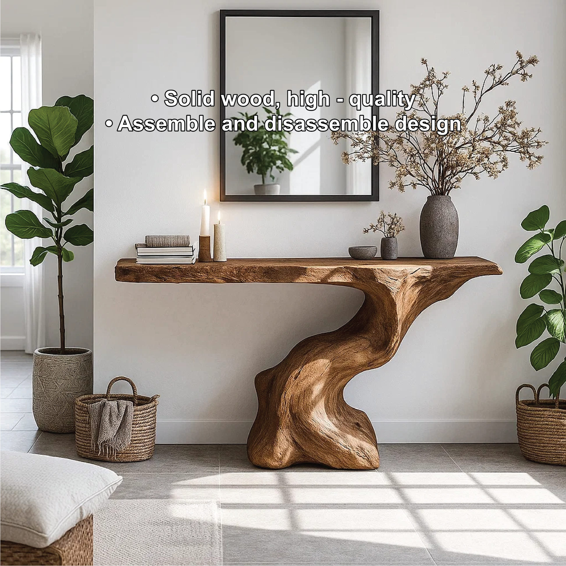 Handcrafted Solid Wood Console Table with Organic Sculpted Base and Natural Live Edge Design Lynnsnail