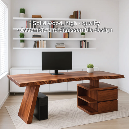 Handcrafted Solid Wood Work Desk – Live Edge Executive Office Table with Modern Asymmetric Base Lynnsnail