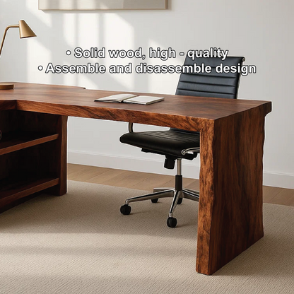 Handcrafted Solid Wood Executive Work Desk with Live-Edge Design and Built-In Open Shelving Lynnsnail