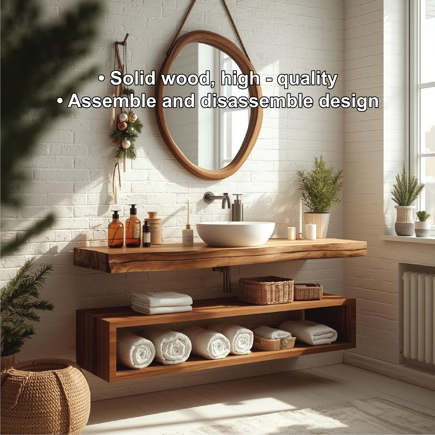 Handcrafted Solid Wood Floating Bathroom Vanity with Live Edge Countertop and Open Storage Shelf Lynnsnail