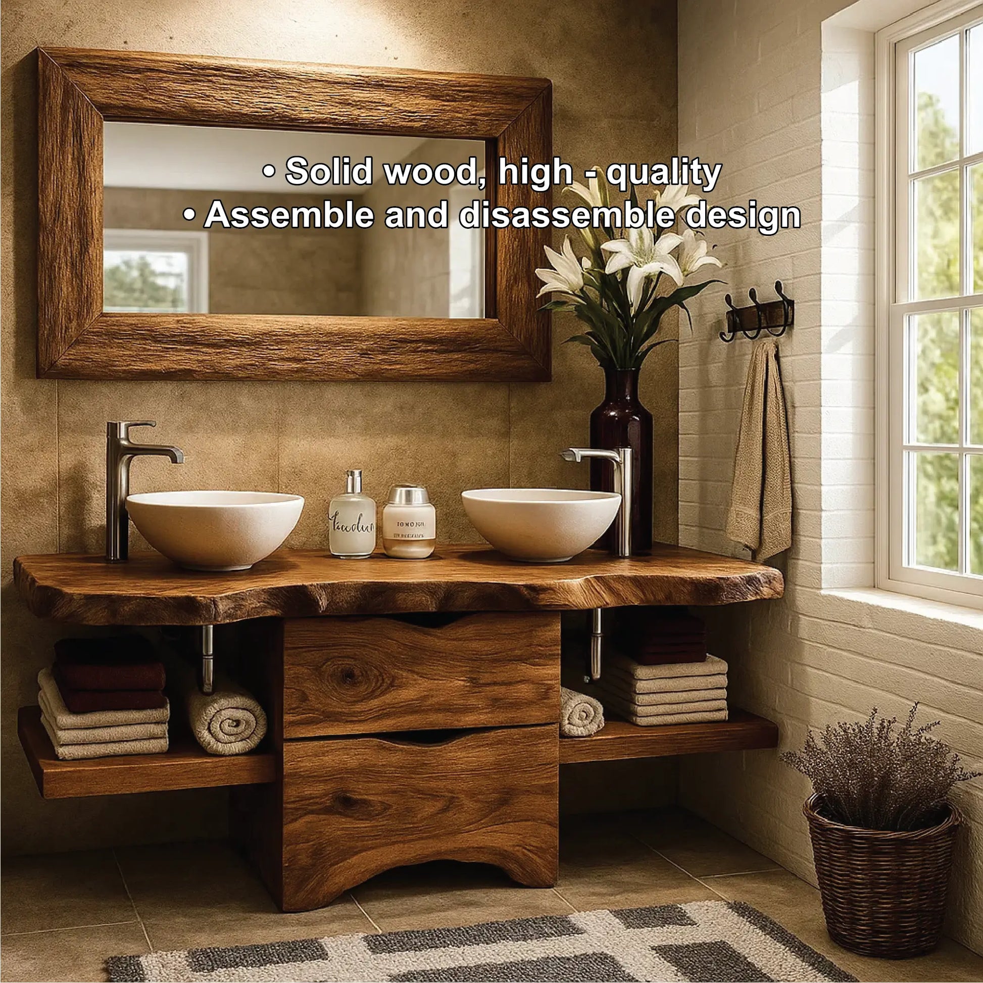 Handcrafted Double Bathroom Vanity in Solid Wood with Live Edge Top and Central Storage Drawers Lynnsnail