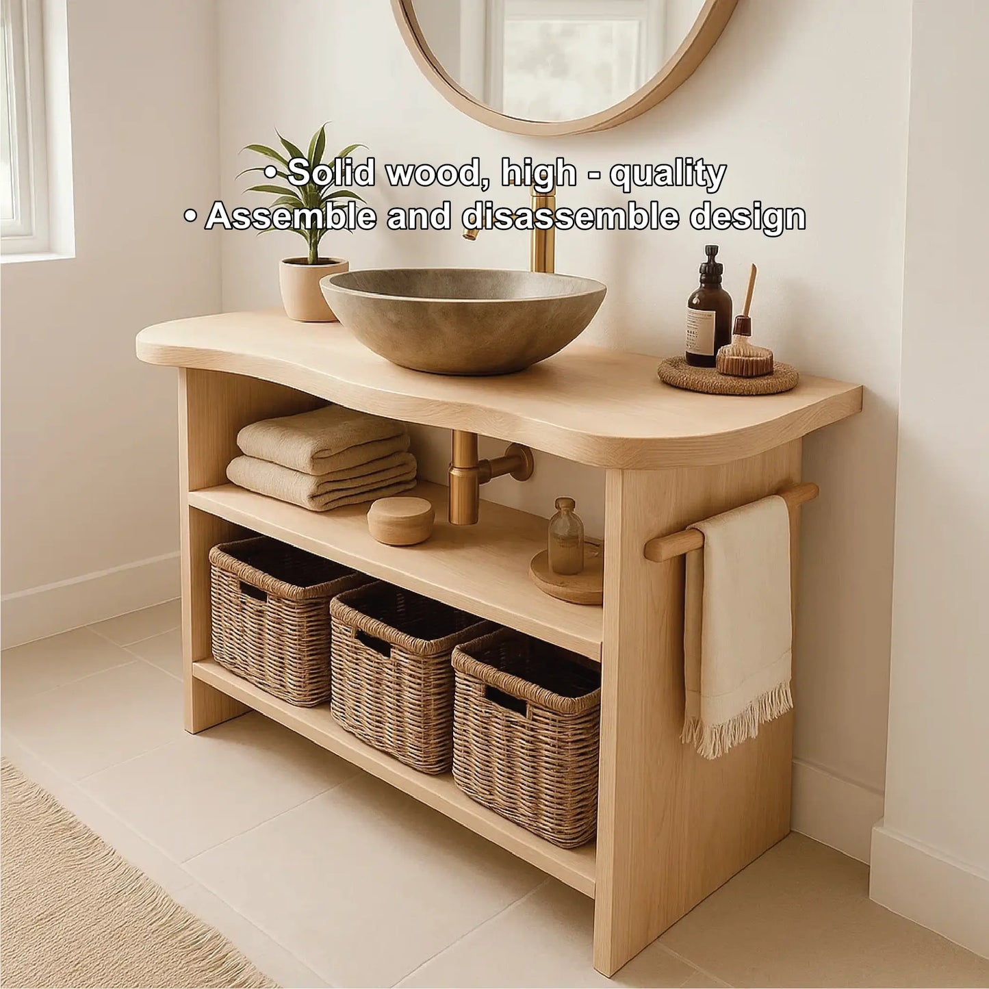 Handcrafted Solid Wood Bathroom Vanity with Curved Edge Design and Open Shelves for Modern Spaces Lynnsnail