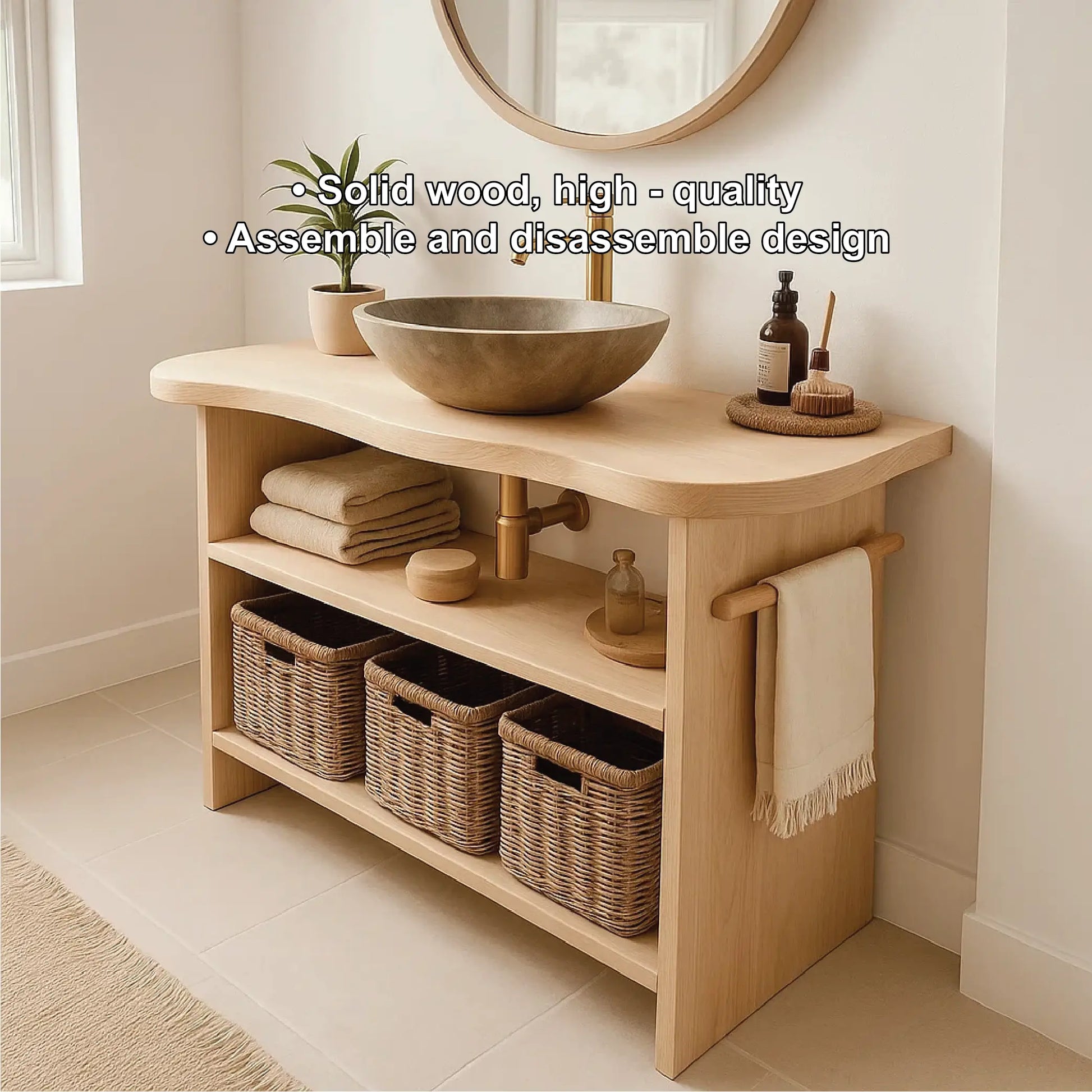 Handcrafted Solid Wood Bathroom Vanity with Curved Edge Design and Open Shelves for Modern Spaces Lynnsnail
