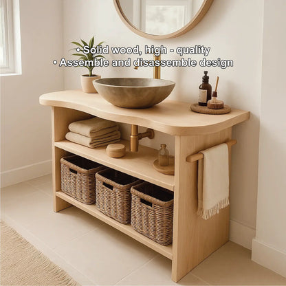 Handcrafted Solid Wood Bathroom Vanity with Curved Edge Design and Open Shelves for Modern Spaces Lynnsnail