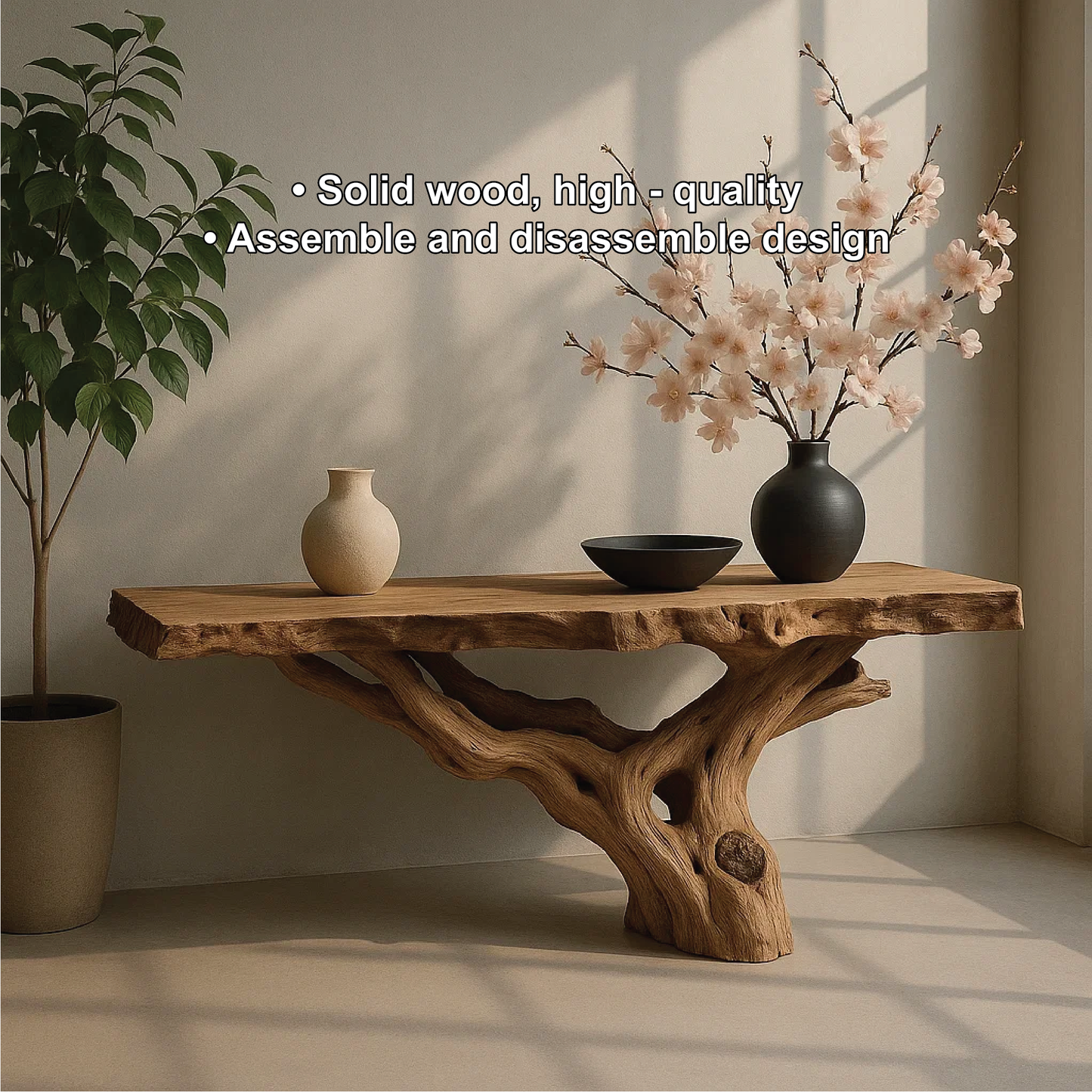 Handcrafted Solid Wood Console Table with Natural Root Base and Organic Live Edge Design Lynnsnail