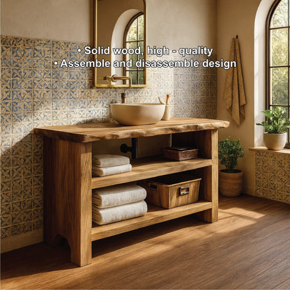 Handcrafted Solid Wood Bathroom Vanity with Live Edge Design and Rustic Open Shelf Storage Lynnsnail