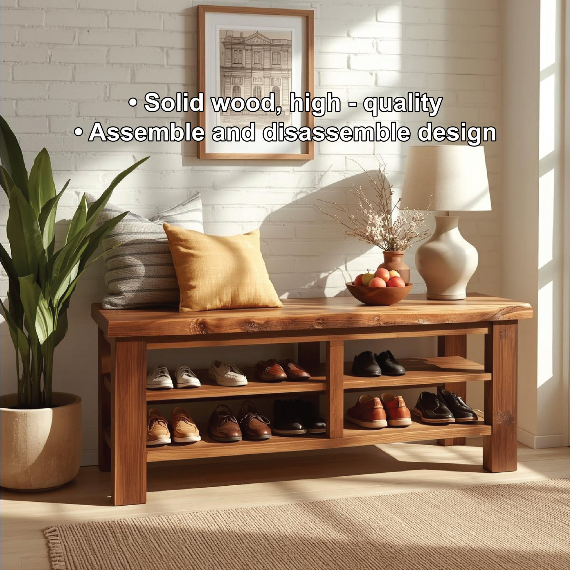 Handcrafted Solid Wood Entryway Bench with Live Edge Top and Multi-Tier Shoe Storage Shelves Lynnsnail