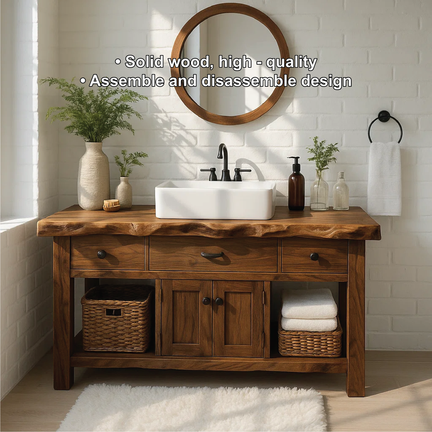 Handcrafted Solid Wood Vanity with Live Edge Top and Rustic Cabinet Storage Design Lynnsnail