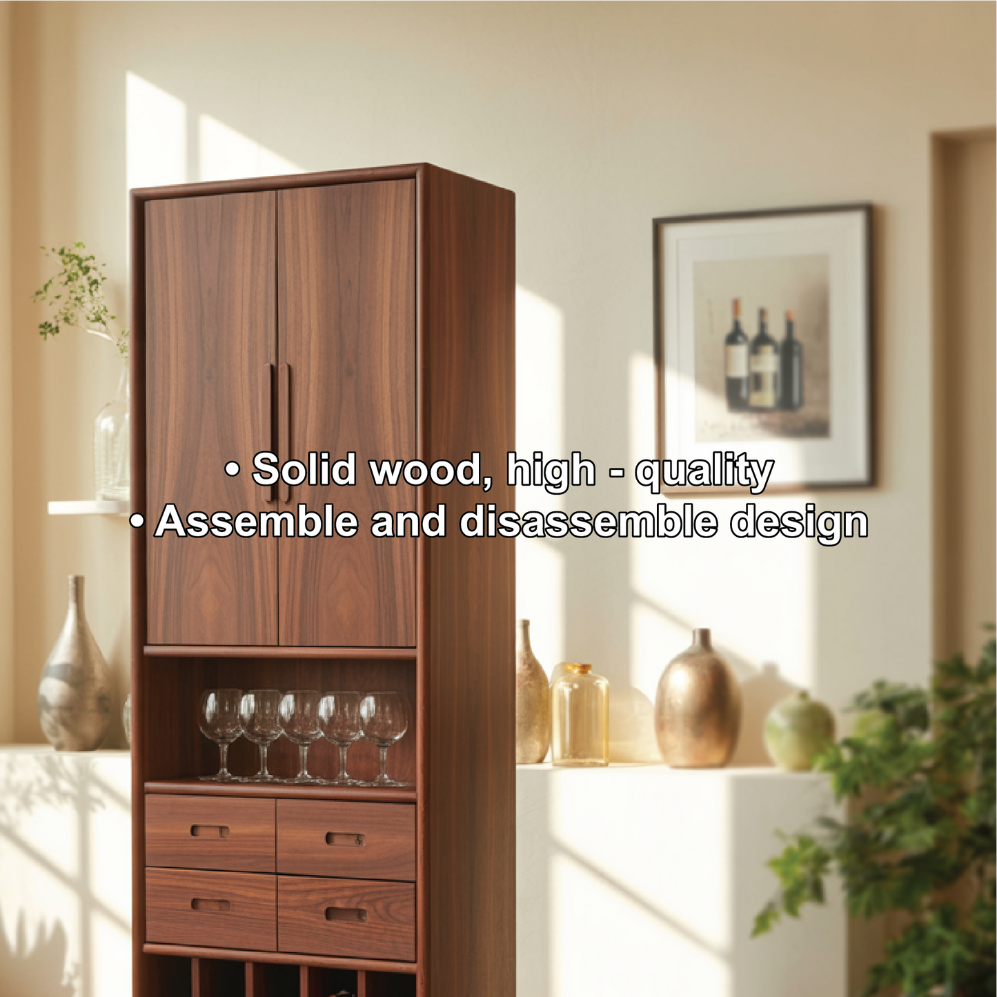 Handcrafted Solid Wood Dining Cabinet with Tall Doors, Wine Storage Grid and Four Drawers Lynnsnail