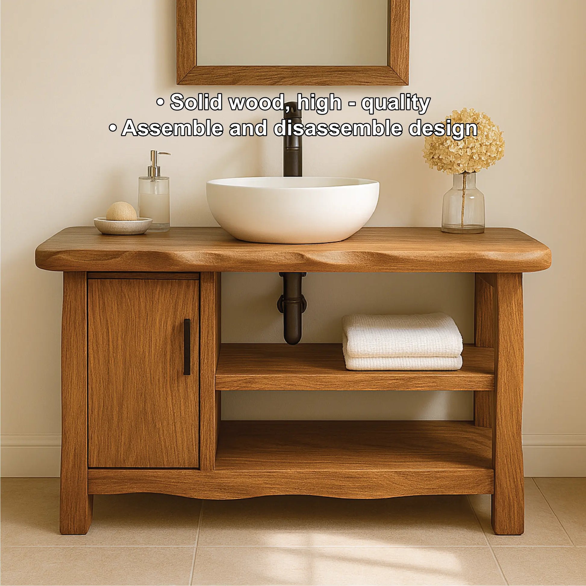 Handcrafted Solid Wood Bathroom Vanity with Cabinet and Open Shelves for Natural Minimal Interiors Lynnsnail