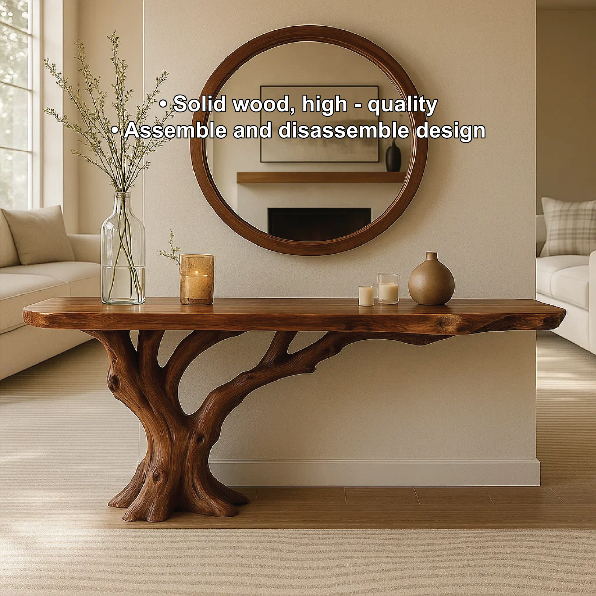 Handcrafted Solid Wood Console Table with Tree Trunk Base and Natural Live Edge Design Lynnsnail