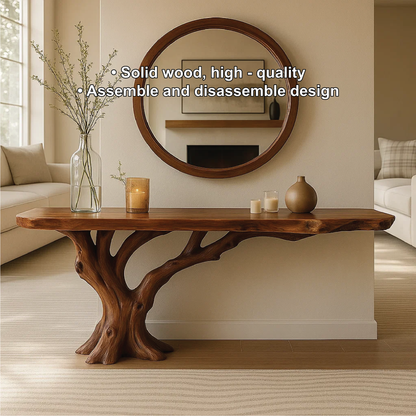 Handcrafted Solid Wood Console Table with Tree Trunk Base and Natural Live Edge Design Lynnsnail