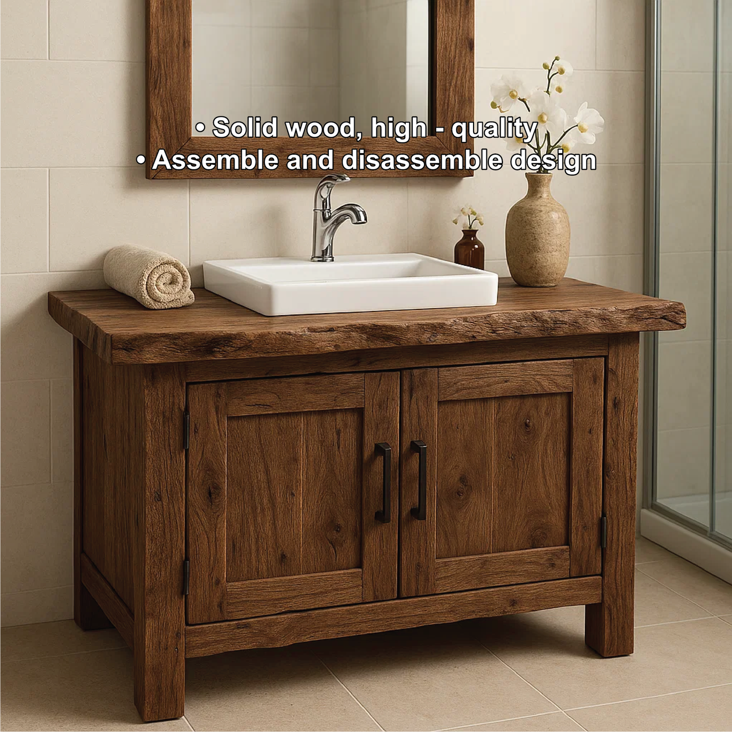 Rustic Handcrafted Solid Wood Bathroom Vanity with Natural Live Edge Top and Double Doors Lynnsnail
