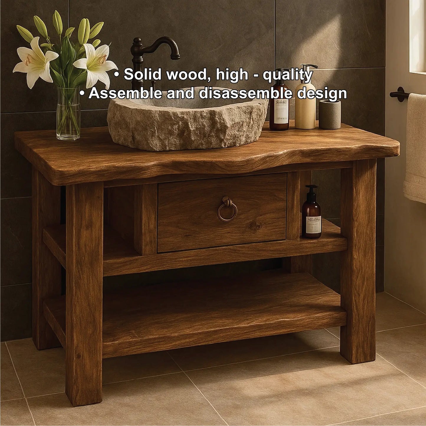 Handcrafted Solid Wood Bathroom Vanity with Drawer and Shelves for Rustic Natural Interior Design Lynnsnail