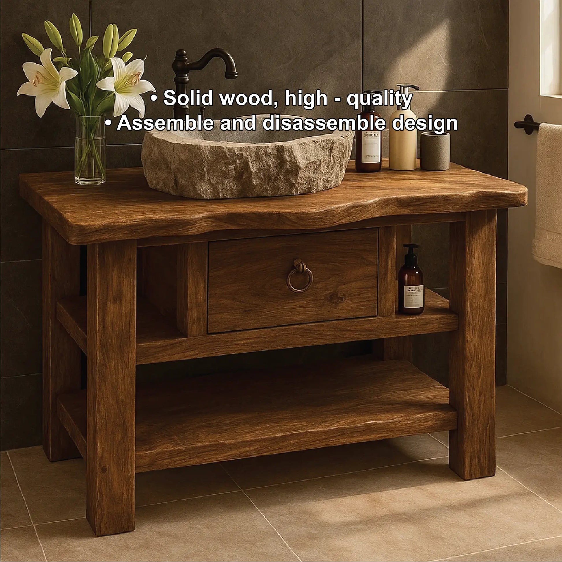 Handcrafted Solid Wood Bathroom Vanity with Drawer and Shelves for Rustic Natural Interior Design Lynnsnail
