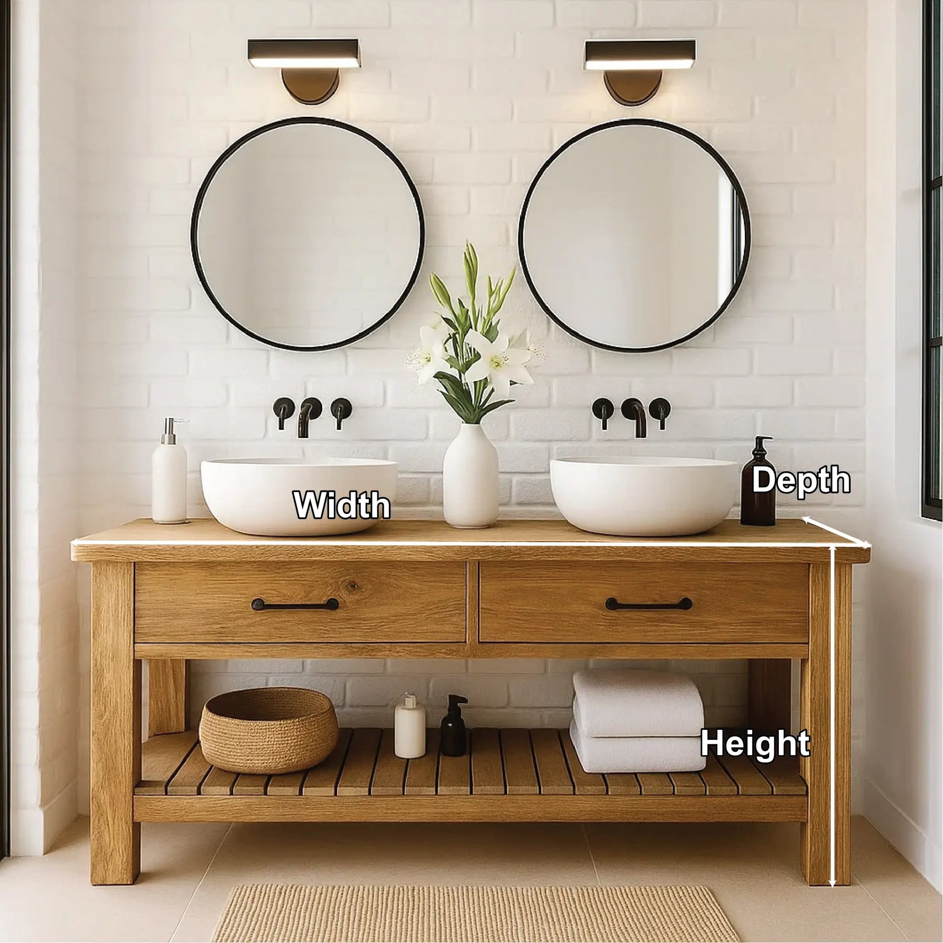 Handcrafted Double Solid Wood Bathroom Vanity with Drawers and Slatted Shelf for Modern Homes Lynnsnail